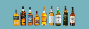 Nebeneinander stehende Whiskeyflaschen vor hellblauem Hintergrund