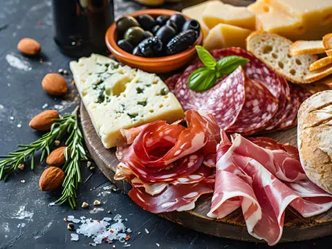 Antipasti Teller mit selbstgebackenem Brot.